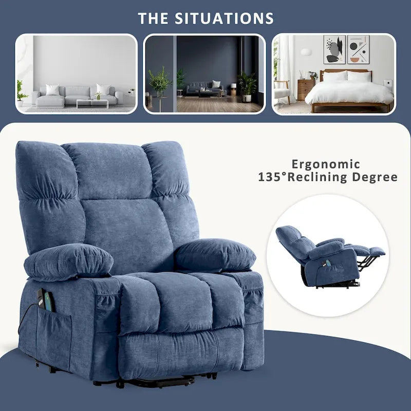 Fauteuil relaxant électrique bleu avec fonctions de chauffage, de massage, de chargement USB, de rangement latéral et de télécommande