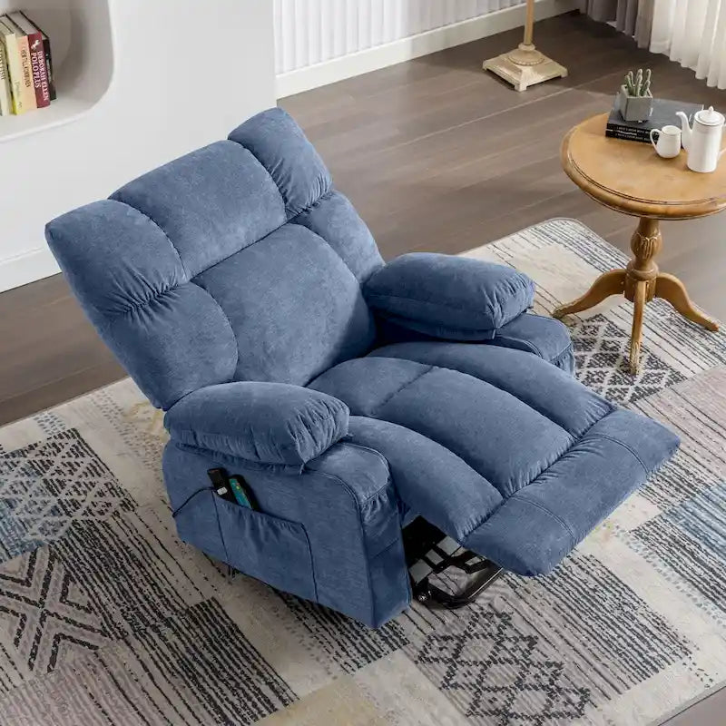 Fauteuil relaxant électrique bleu avec fonctions de chauffage, de massage, de chargement USB, de rangement latéral et de télécommande