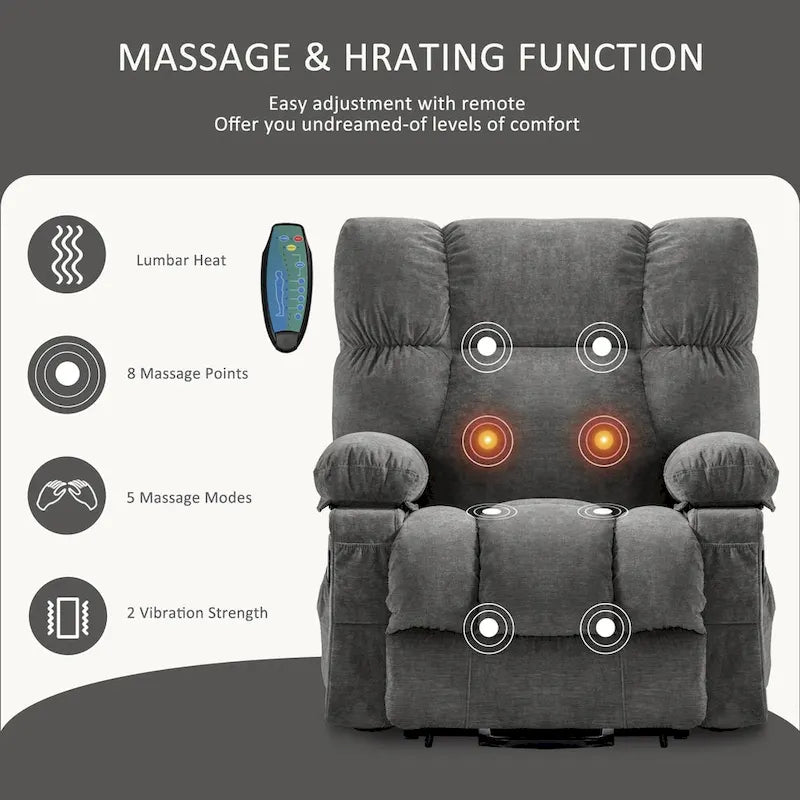 Fauteuil relaxant électrique bleu avec fonctions de chauffage, de massage, de chargement USB, de rangement latéral et de télécommande