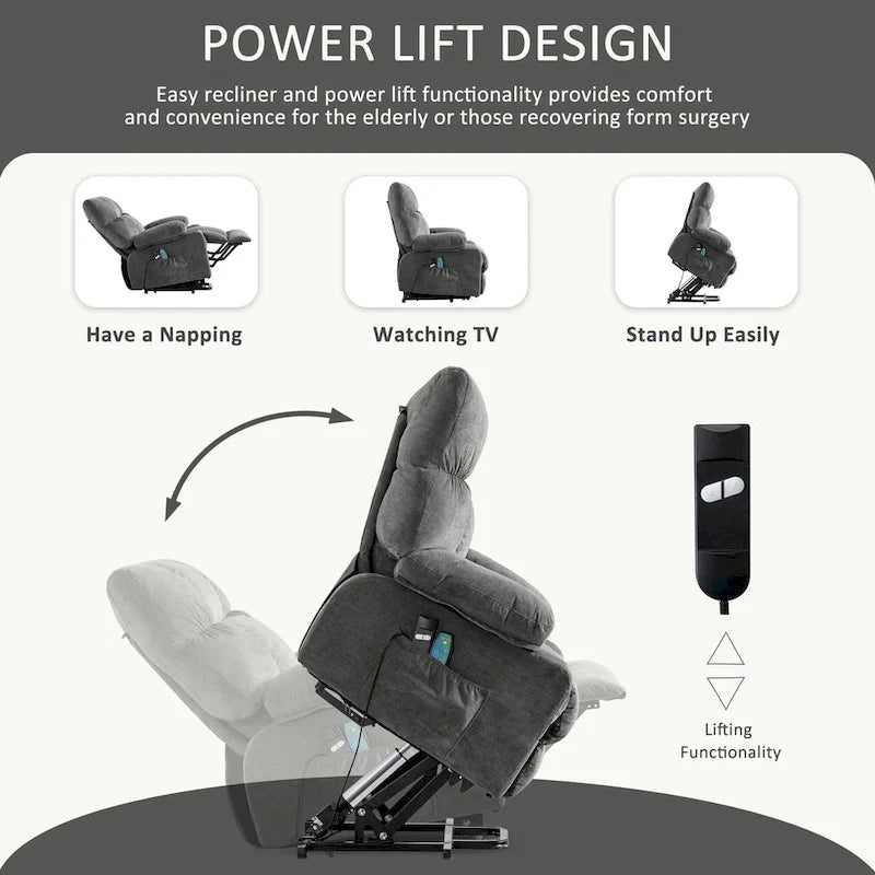 Fauteuil relaxant électrique bleu avec fonctions de chauffage, de massage, de chargement USB, de rangement latéral et de télécommande