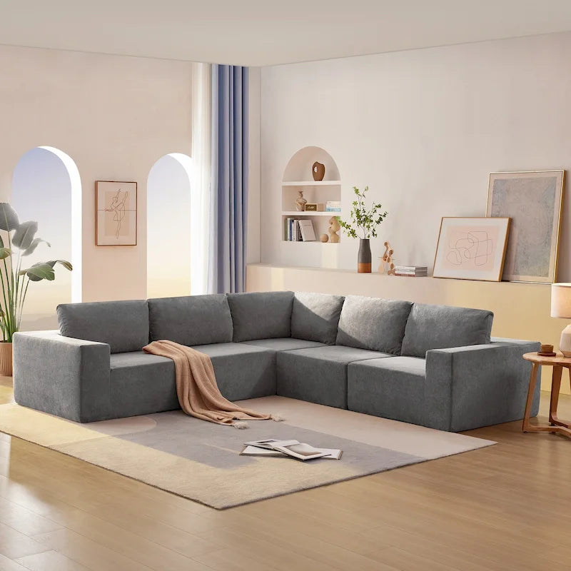 Canapé modulable d'angle 5 places gris en tissu bouclette