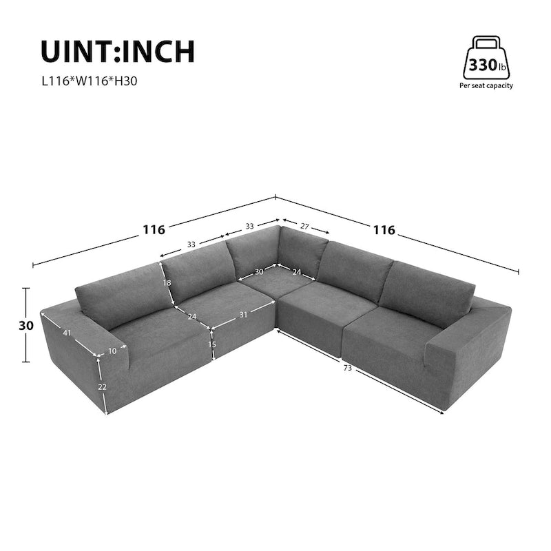 Canapé modulable d'angle 5 places gris en tissu bouclette