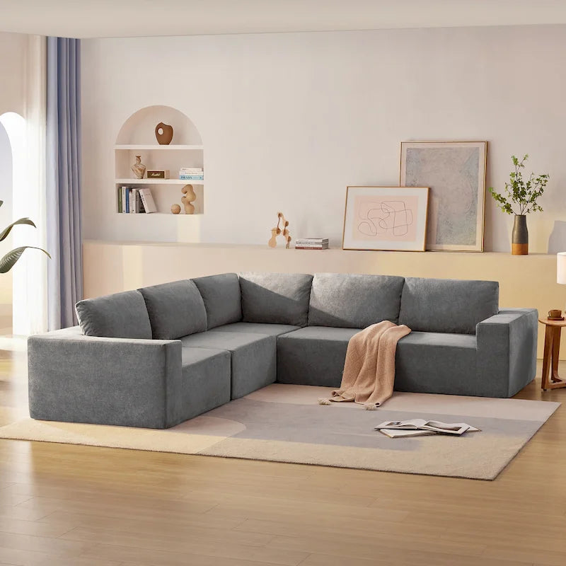 Canapé modulable d'angle 5 places gris en tissu bouclette