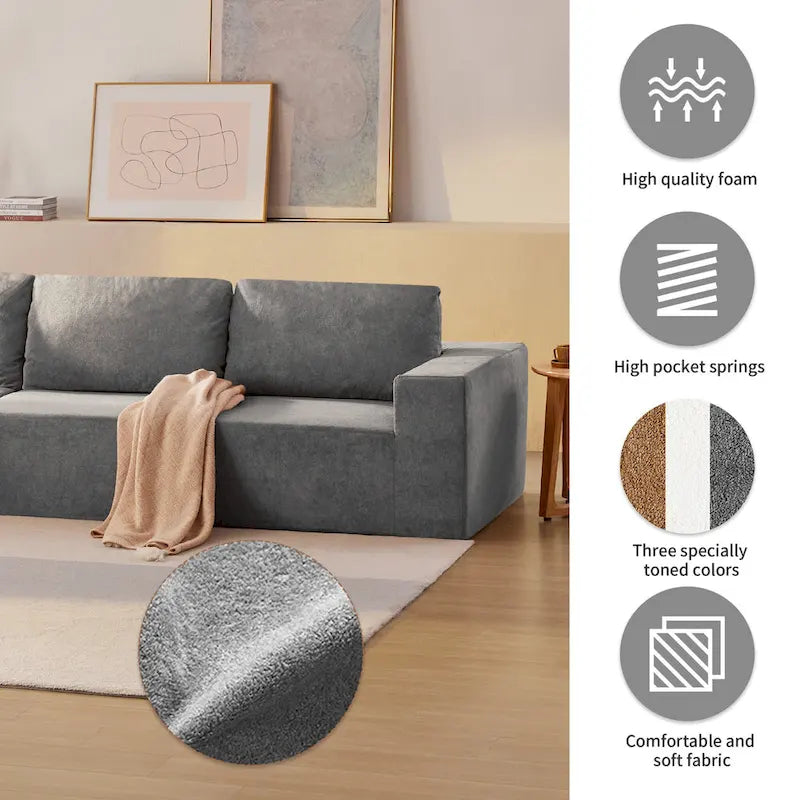 Canapé modulable d'angle 5 places gris en tissu bouclette
