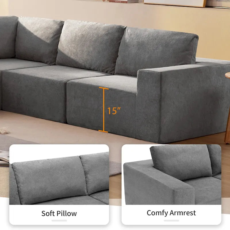 Canapé modulable d'angle 5 places gris en tissu bouclette