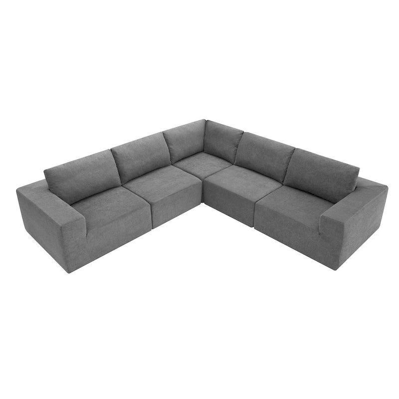 Canapé modulable d'angle 5 places gris en tissu bouclette