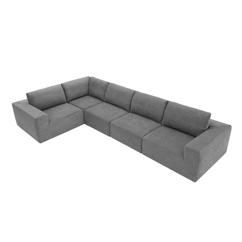 Canapé modulable d'angle 5 places gris en tissu bouclette