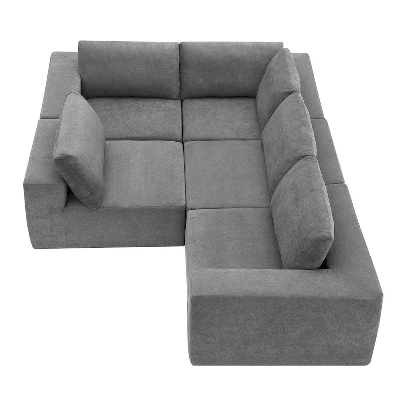 Canapé modulable d'angle 5 places gris en tissu bouclette