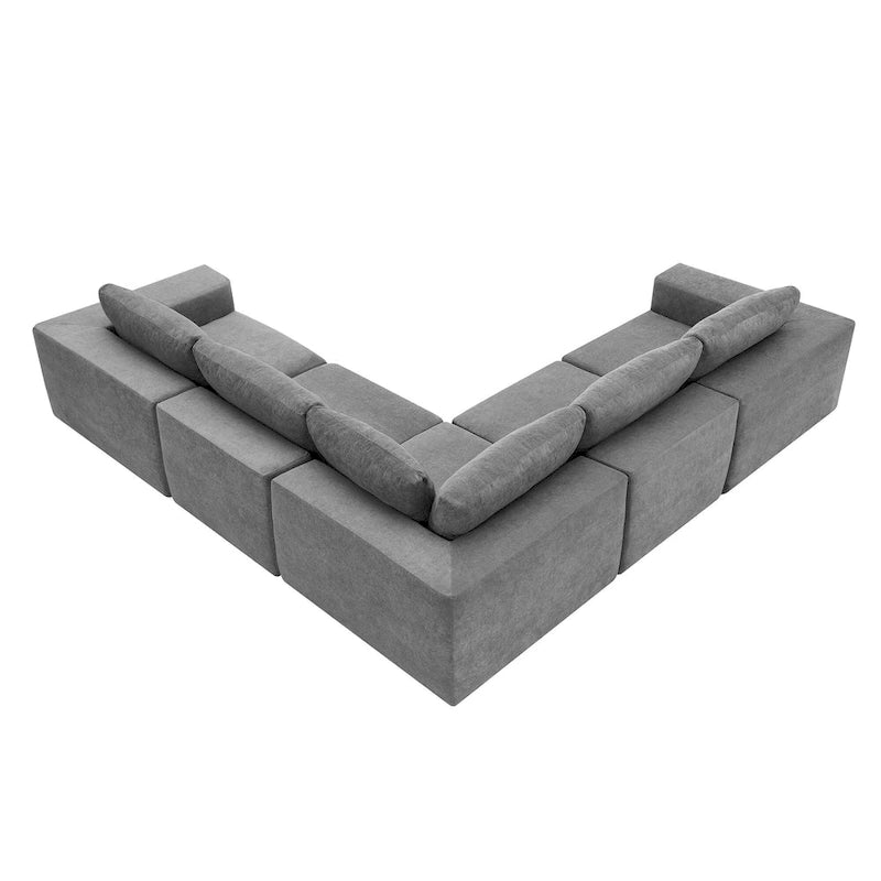 Canapé modulable d'angle 5 places gris en tissu bouclette
