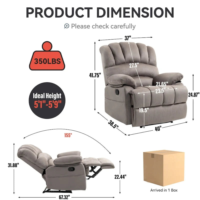 Fauteuil inclinable manuel surdimensionné marron/gris, inclinaison 155°, une place