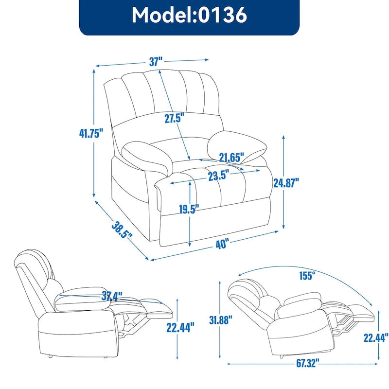 Fauteuil inclinable manuel surdimensionné marron/gris, inclinaison 155°, une place