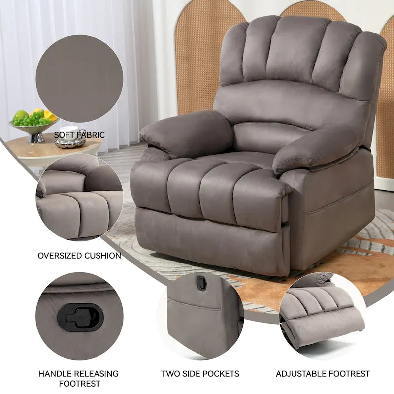 Fauteuil inclinable manuel surdimensionné marron/gris, inclinaison 155°, une place
