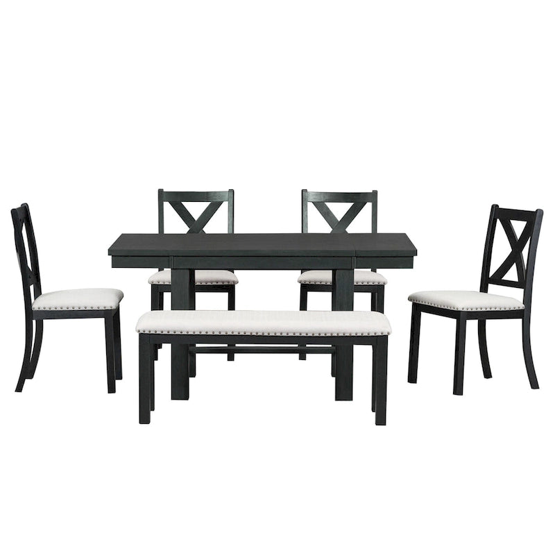Ensemble de salle à manger extensible 6 places, noir/naturel, 6 pièces