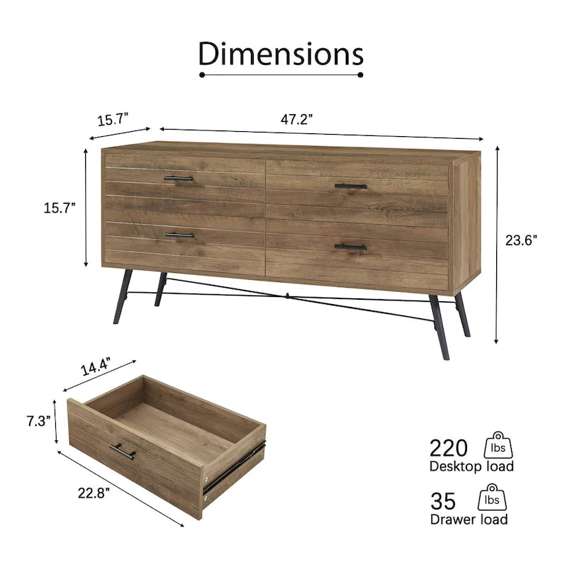 Commode horizontale à 4 tiroirs brun noyer, commode de rangement individuelle