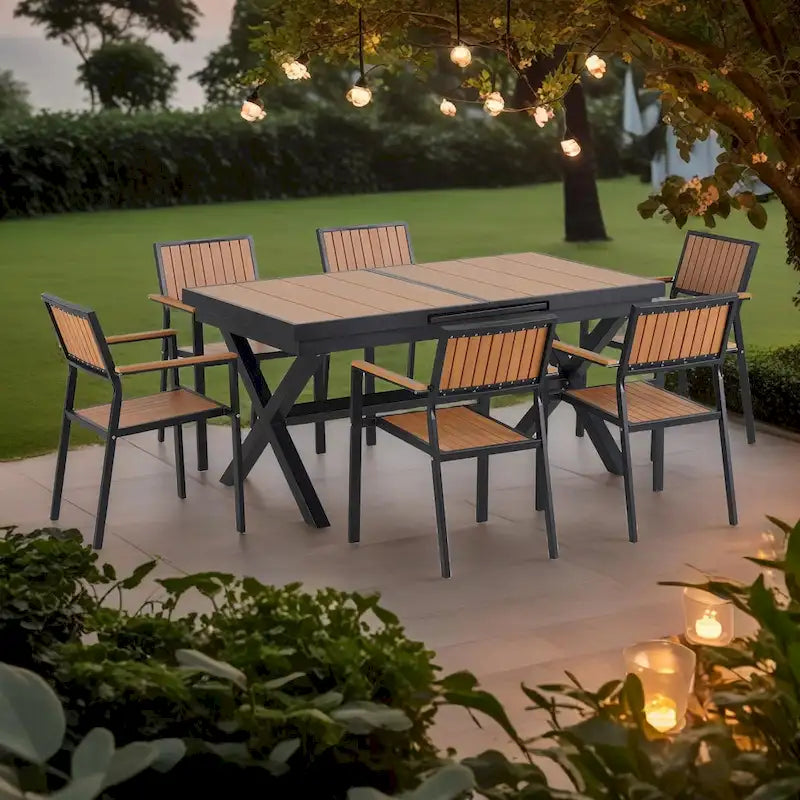 Ensemble de salle à manger extérieur extensible 7 pièces avec table extensible et 6 chaises avec accoudoirs