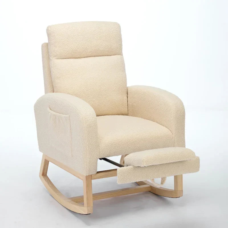 Fauteuil à bascule moderne à dossier haut rembourré de 29,5 po avec pieds en bois massif et repose-pieds réglable