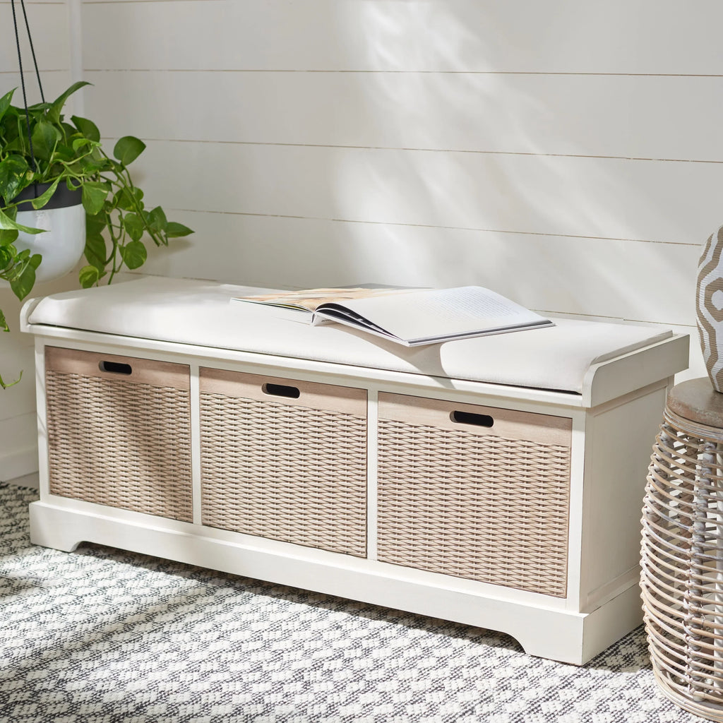Banc de rangement SAFAVIEH Fiorello avec coussin et 3 tiroirs - 47,3 L x 15 P x 19 H - 47 L x 15 P x 19 H