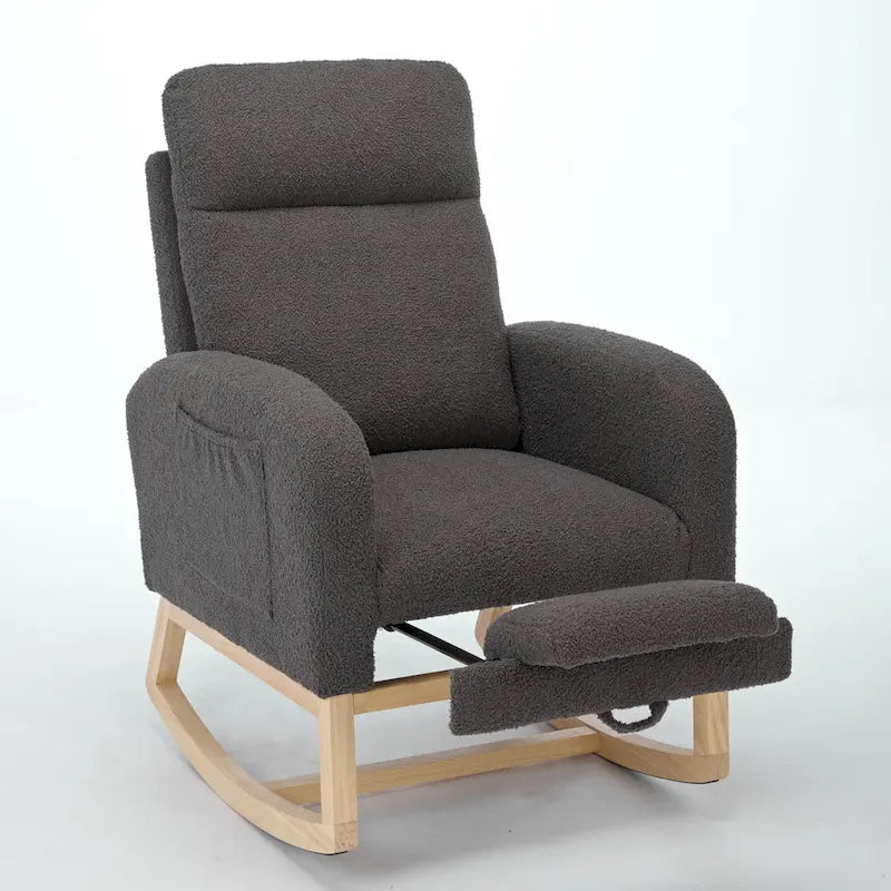Fauteuil à bascule moderne à dossier haut rembourré de 29,5 po avec pieds en bois massif et repose-pieds réglable