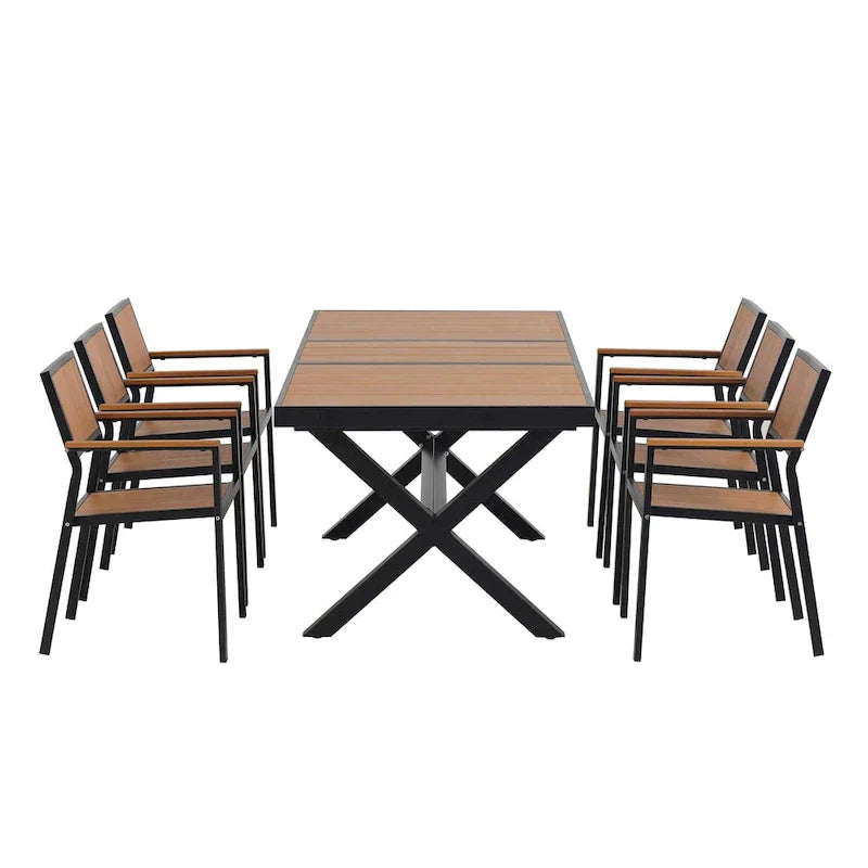Ensemble de salle à manger extérieur extensible 7 pièces avec table extensible et 6 chaises avec accoudoirs
