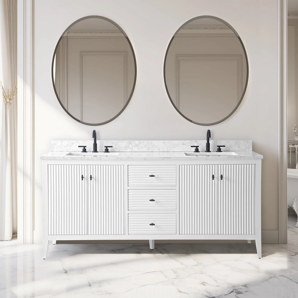 Meuble-lavabo de salle de bain Vanity Art 72 po à double vasque avec dessus en marbre reconstitué