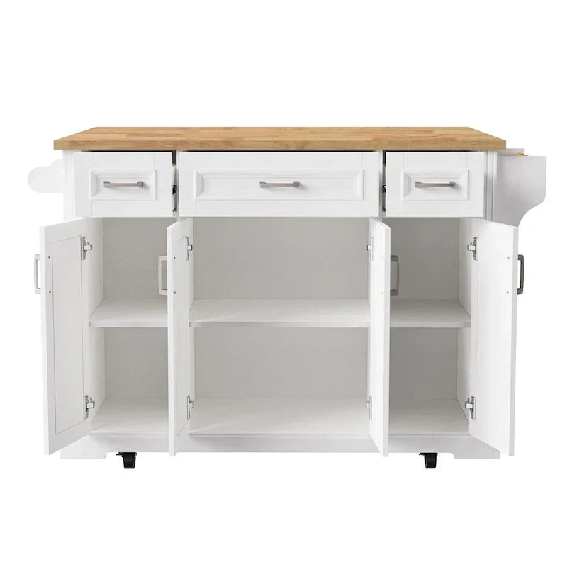 Grand îlot de cuisine avec abattant en bois, desserte à roulettes avec texture en relief, portes, tiroirs et rangement pour cuisine, blanc
