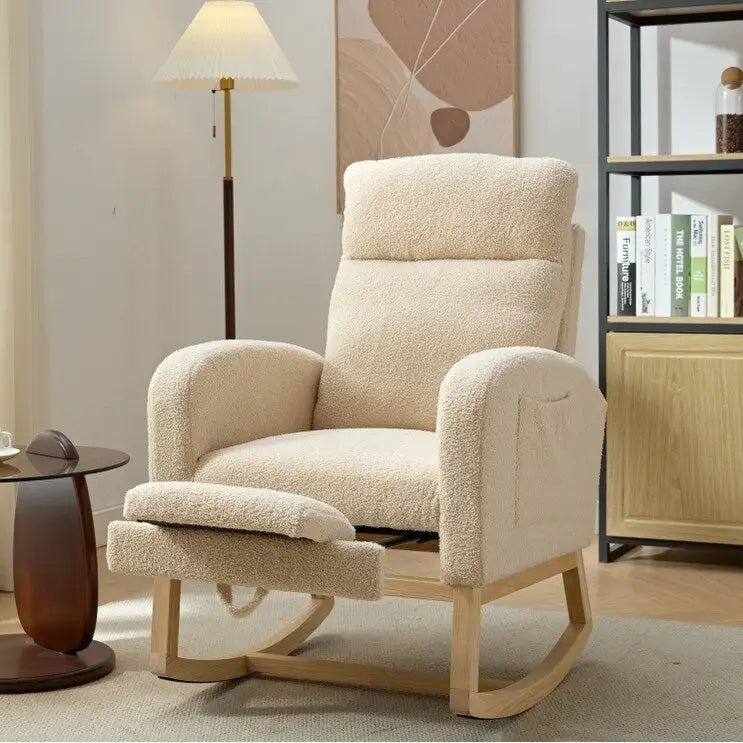 Fauteuil à bascule moderne à dossier haut rembourré de 29,5 po avec pieds en bois massif et repose-pieds réglable