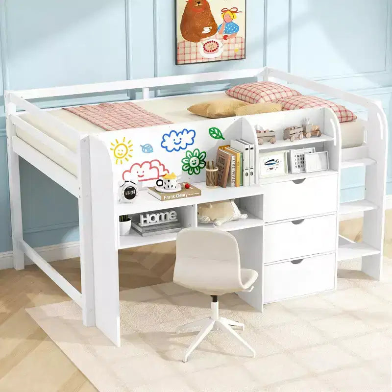 Lit mezzanine bas rose/blanc avec bureau, rangement et tableau blanc – 1 personne, format simple