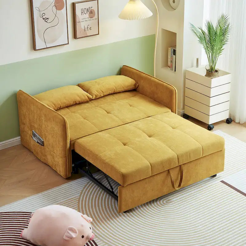 Canapé-lit convertible en tissu chenille jaune - 39,00 x 53,50 x 31,50