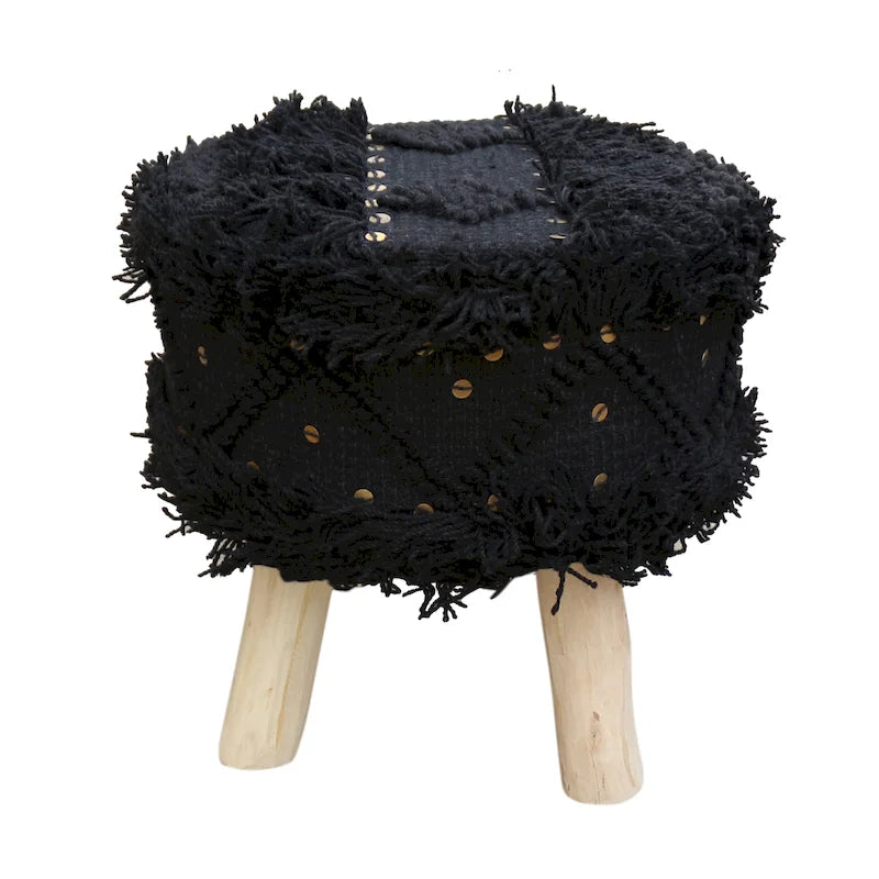 Tabouret en tissu bohème fait main noir / ivoire / taupe / marron foncé, 1 place