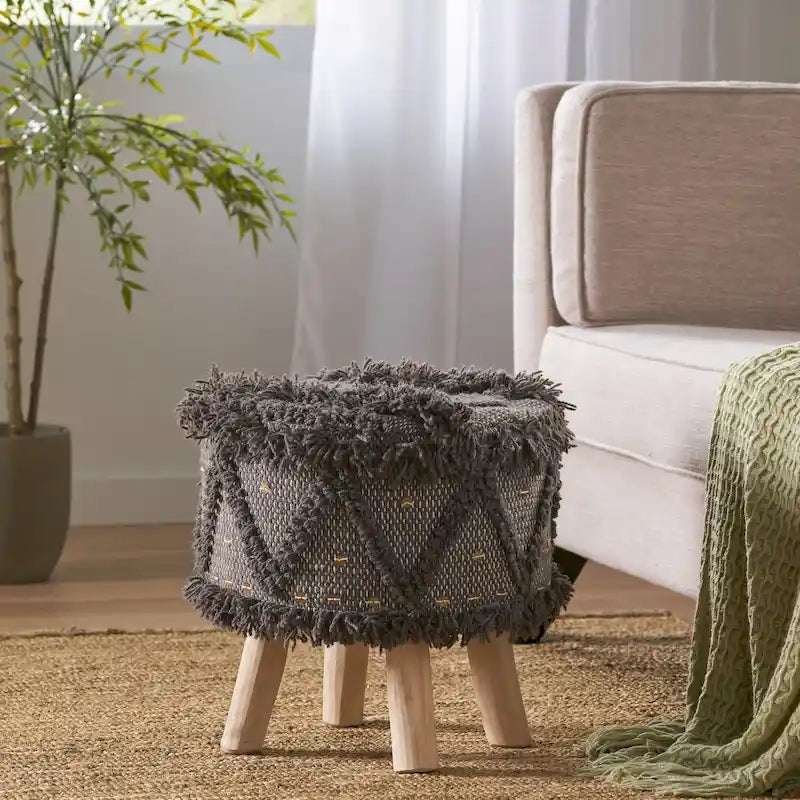 Tabouret en tissu bohème fait main noir / ivoire / taupe / marron foncé, 1 place