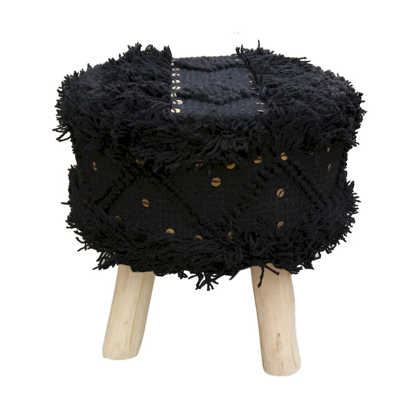 Tabouret en tissu bohème fait main noir / ivoire / taupe / marron foncé, 1 place