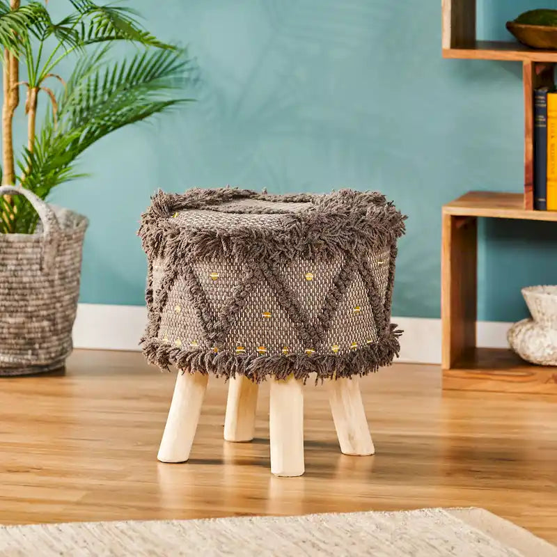 Tabouret en tissu bohème fait main noir / ivoire / taupe / marron foncé, 1 place
