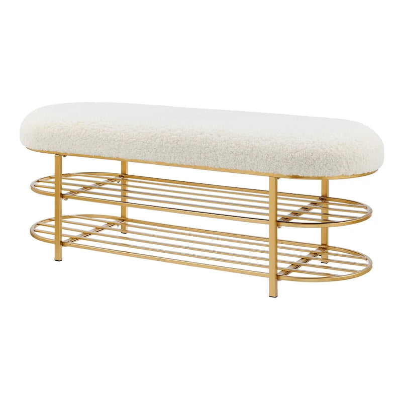Banc ovale en similicuir beige avec étagères de rangement – 1 personne