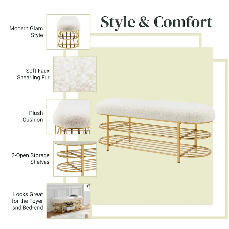 Banc ovale en similicuir beige avec étagères de rangement – 1 personne
