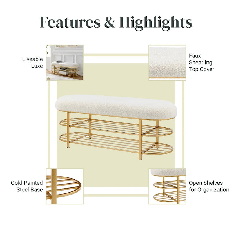 Banc ovale en similicuir beige avec étagères de rangement – 1 personne