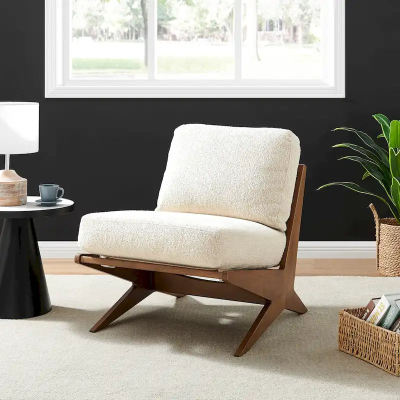 Fauteuil d'appoint Mid-Century, chocolat Bornéo / beige palladien, similicuir et bouclette, siège simple