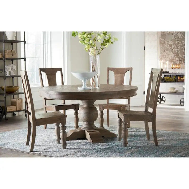 Table à manger ronde gris-brun, 5 places, en teck recyclé