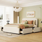 Lit plateforme capitonné Queen gris/beige avec 4 tiroirs, assemblage à 2 personnes
