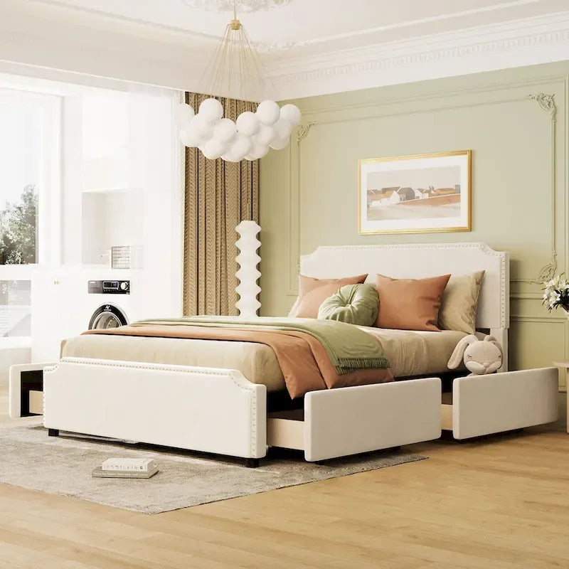 Lit plateforme capitonné Queen gris/beige avec 4 tiroirs, assemblage à 2 personnes