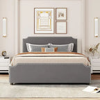 Lit plateforme capitonné Queen gris/beige avec 4 tiroirs, assemblage à 2 personnes
