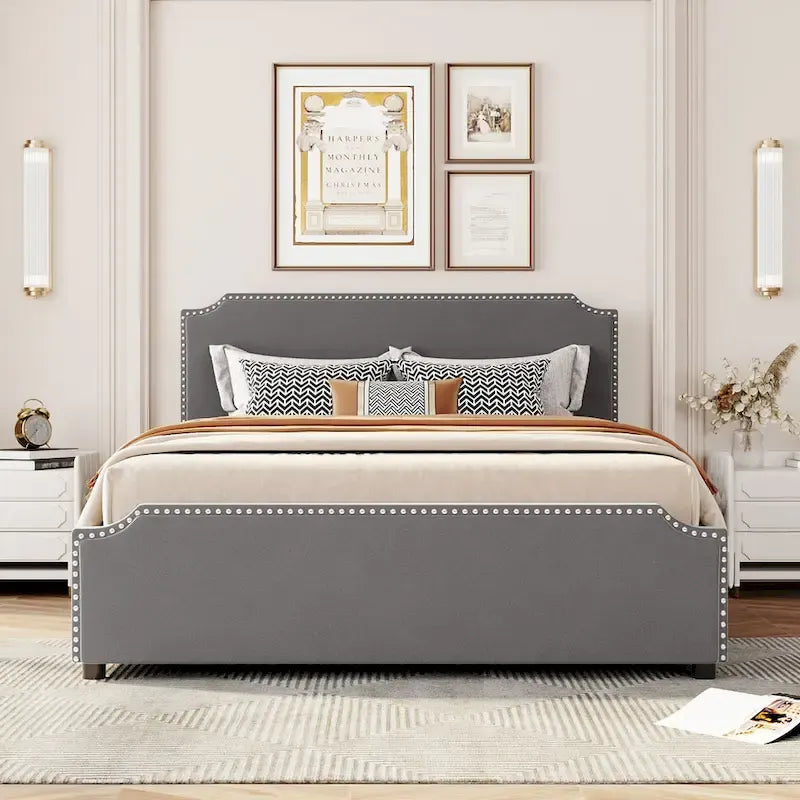 Lit plateforme capitonné Queen gris/beige avec 4 tiroirs, assemblage à 2 personnes