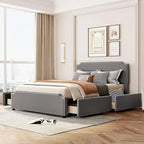 Lit plateforme capitonné Queen gris/beige avec 4 tiroirs, assemblage à 2 personnes