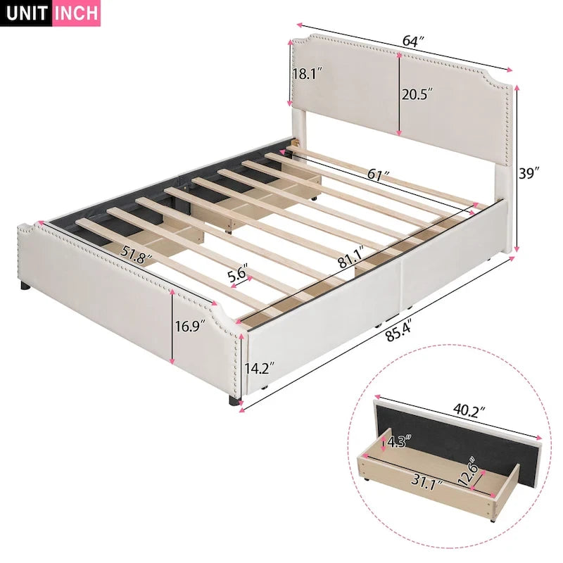 Lit plateforme capitonné Queen gris/beige avec 4 tiroirs, assemblage à 2 personnes