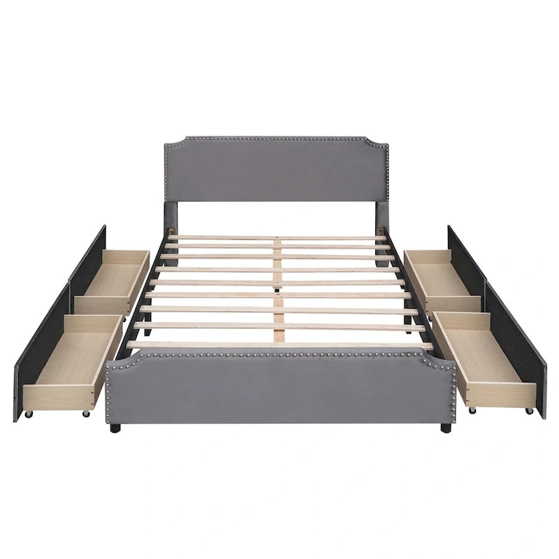 Lit plateforme capitonné Queen gris/beige avec 4 tiroirs, assemblage à 2 personnes