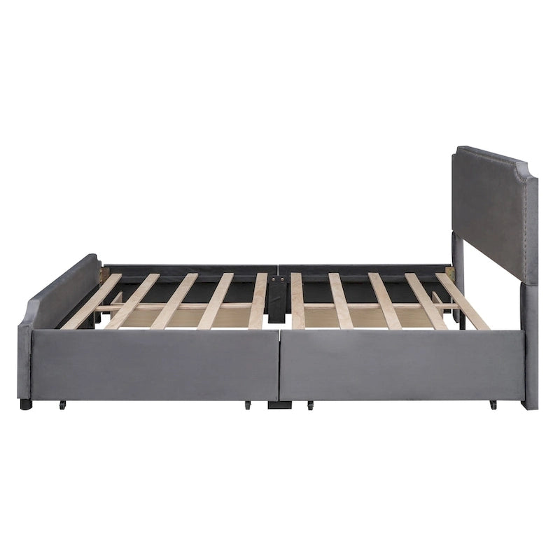 Lit plateforme capitonné Queen gris/beige avec 4 tiroirs, assemblage à 2 personnes