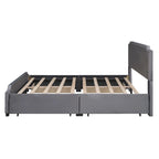 Lit plateforme capitonné Queen gris/beige avec 4 tiroirs, assemblage à 2 personnes