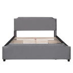 Lit plateforme capitonné Queen gris/beige avec 4 tiroirs, assemblage à 2 personnes