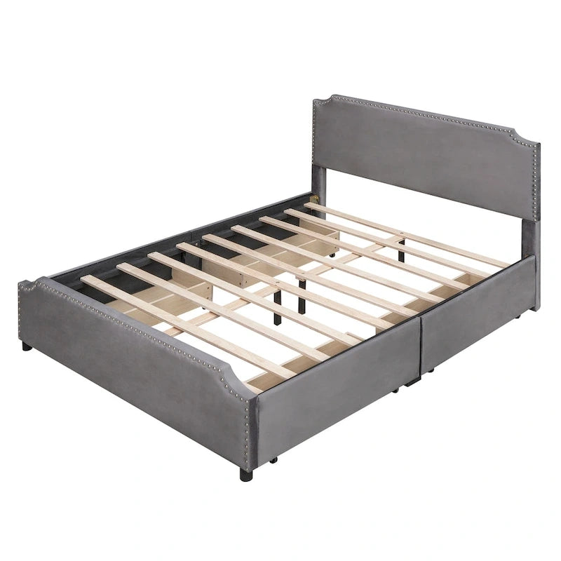 Lit plateforme capitonné Queen gris/beige avec 4 tiroirs, assemblage à 2 personnes