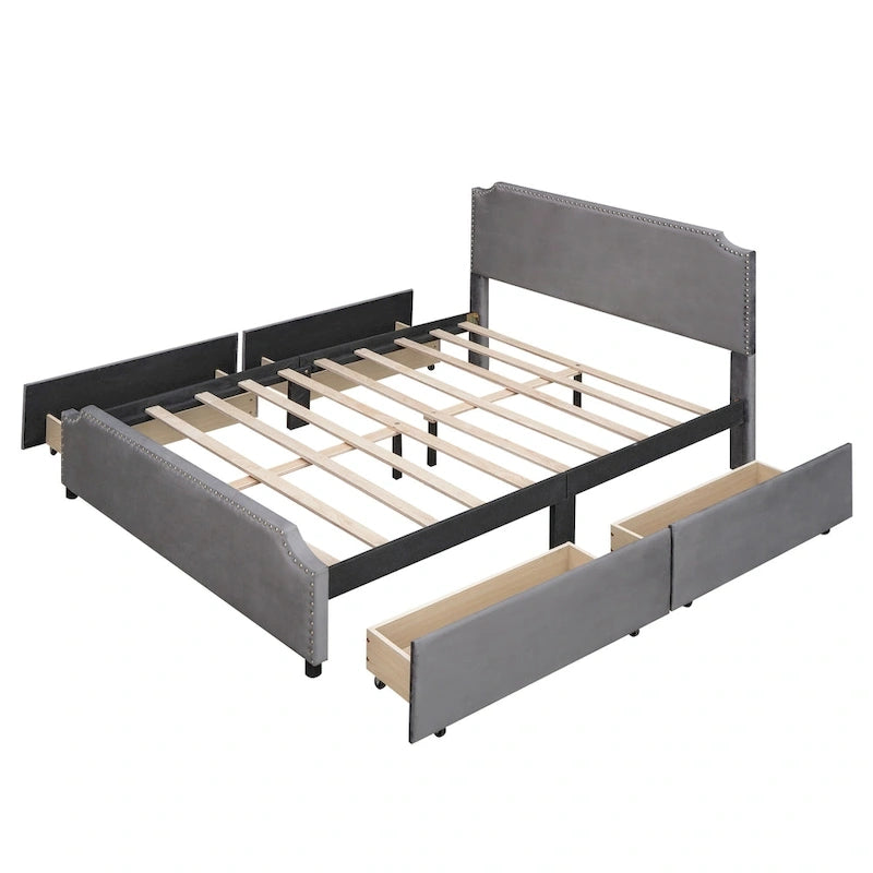 Lit plateforme capitonné Queen gris/beige avec 4 tiroirs, assemblage à 2 personnes