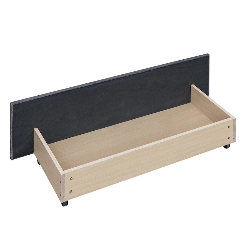 Lit plateforme capitonné Queen gris/beige avec 4 tiroirs, assemblage à 2 personnes